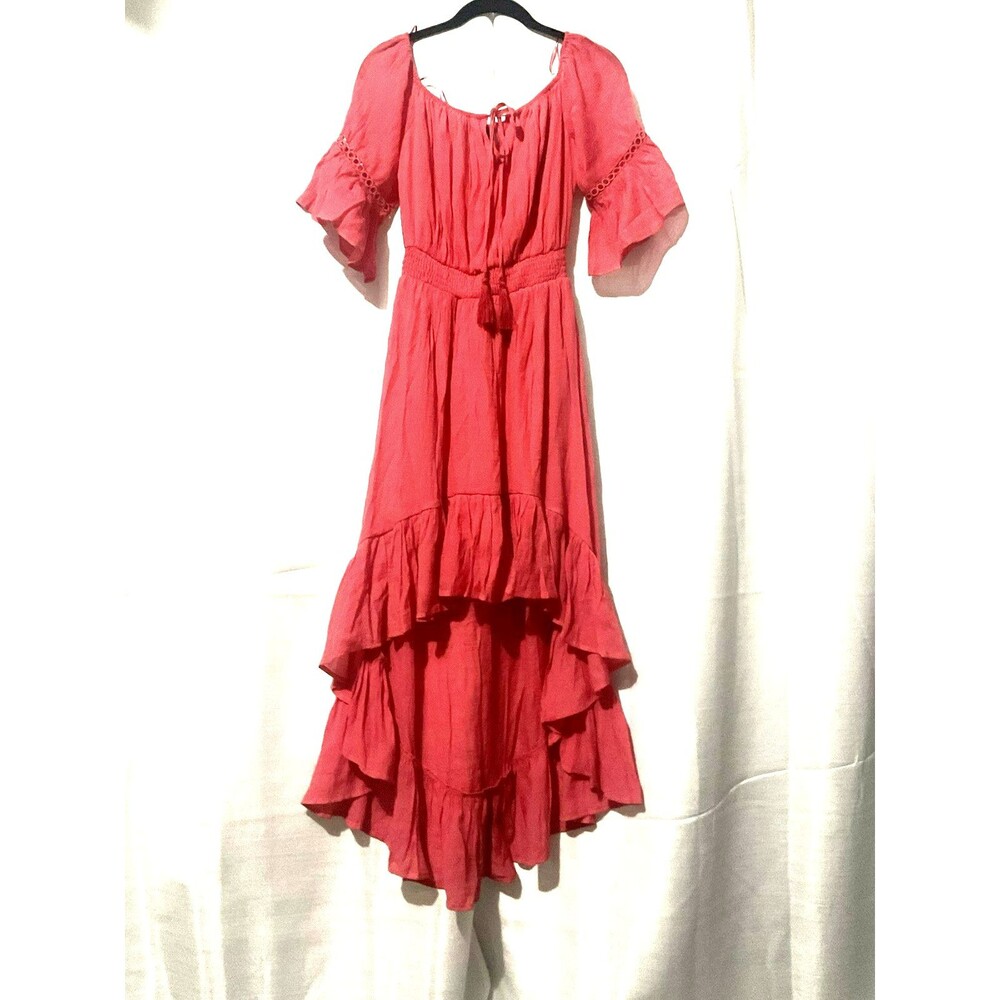 Miss Avenue Boho High-Low Maxi Dress Off-Shoulder Smocked Waist Ruffle Coral S